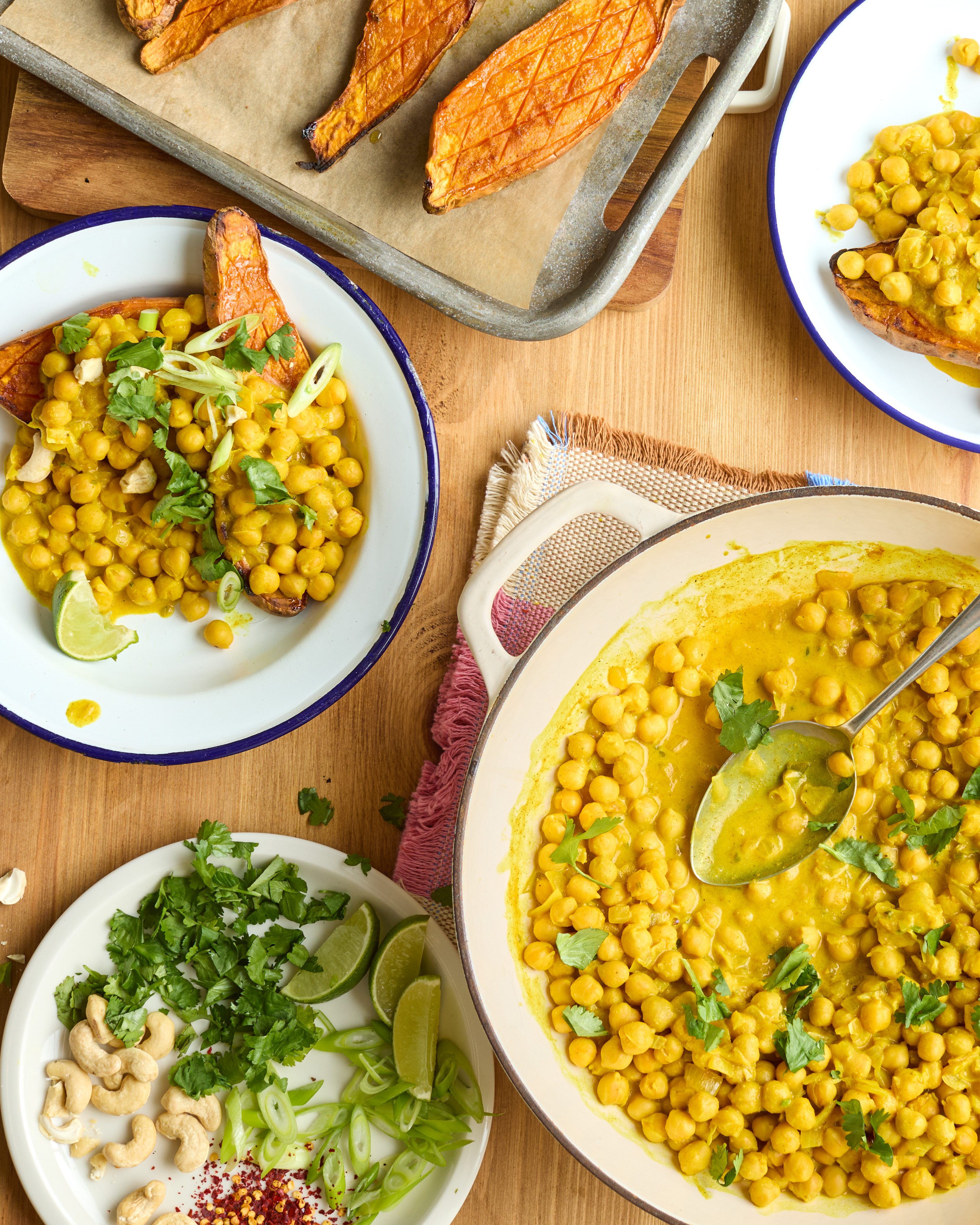 Curried Chickpeas with Baked Sweet Potato, Coriander & Cashews
