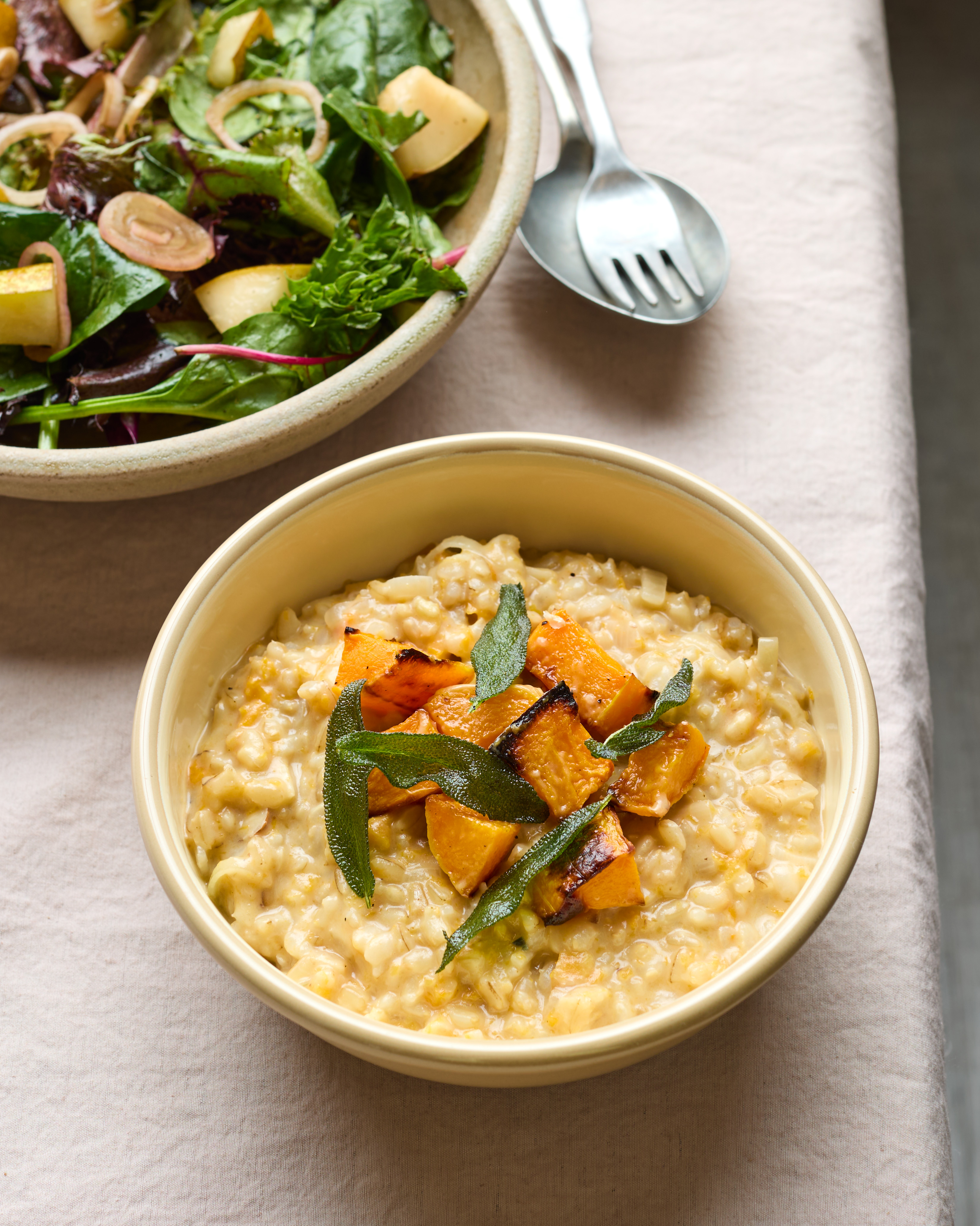Caramelised Onion & Squash Risotto with Pear Shallot Salad & Sage