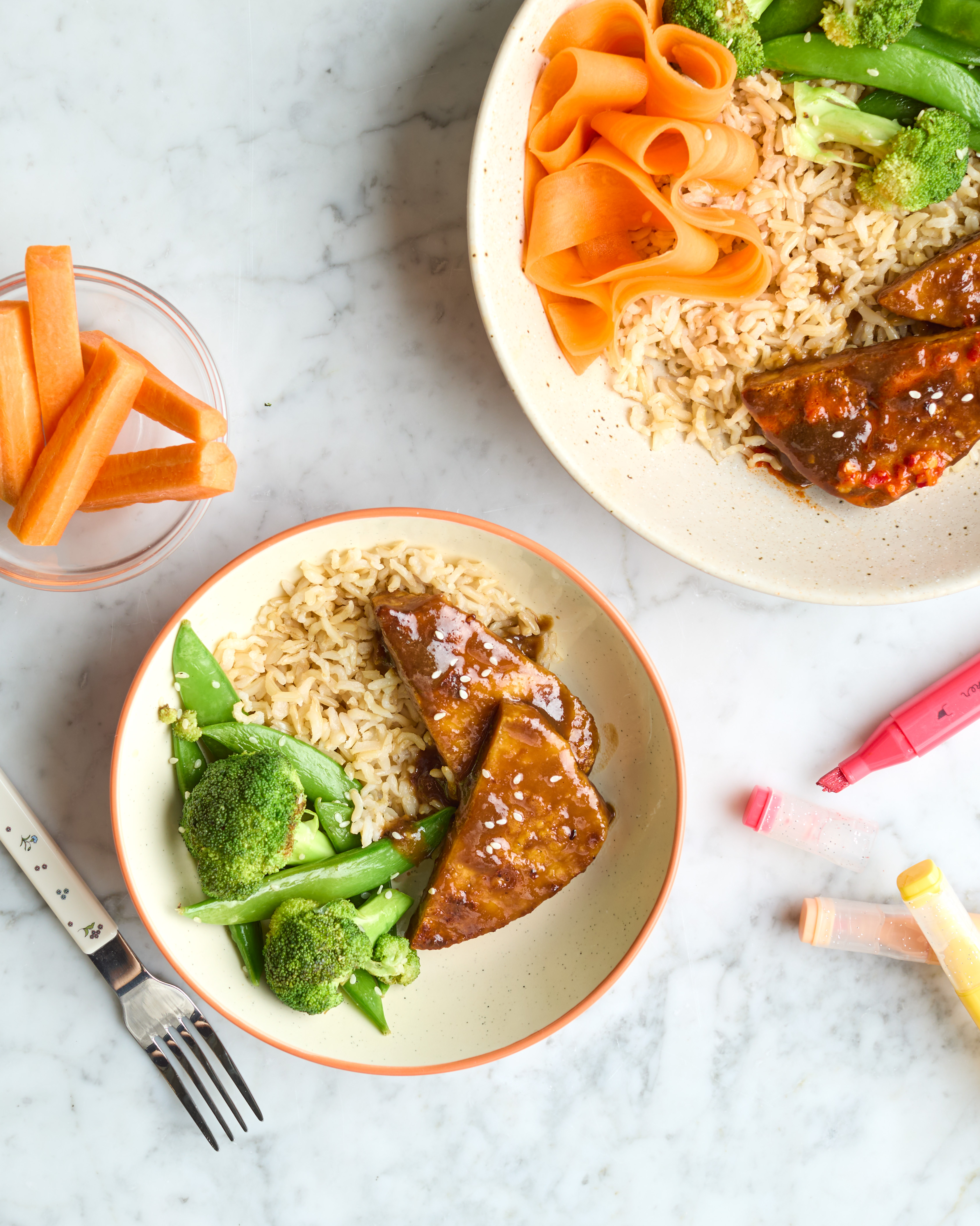 Sticky Tofu with Speedy Rice, Sesame Greens & Carrot Pickle