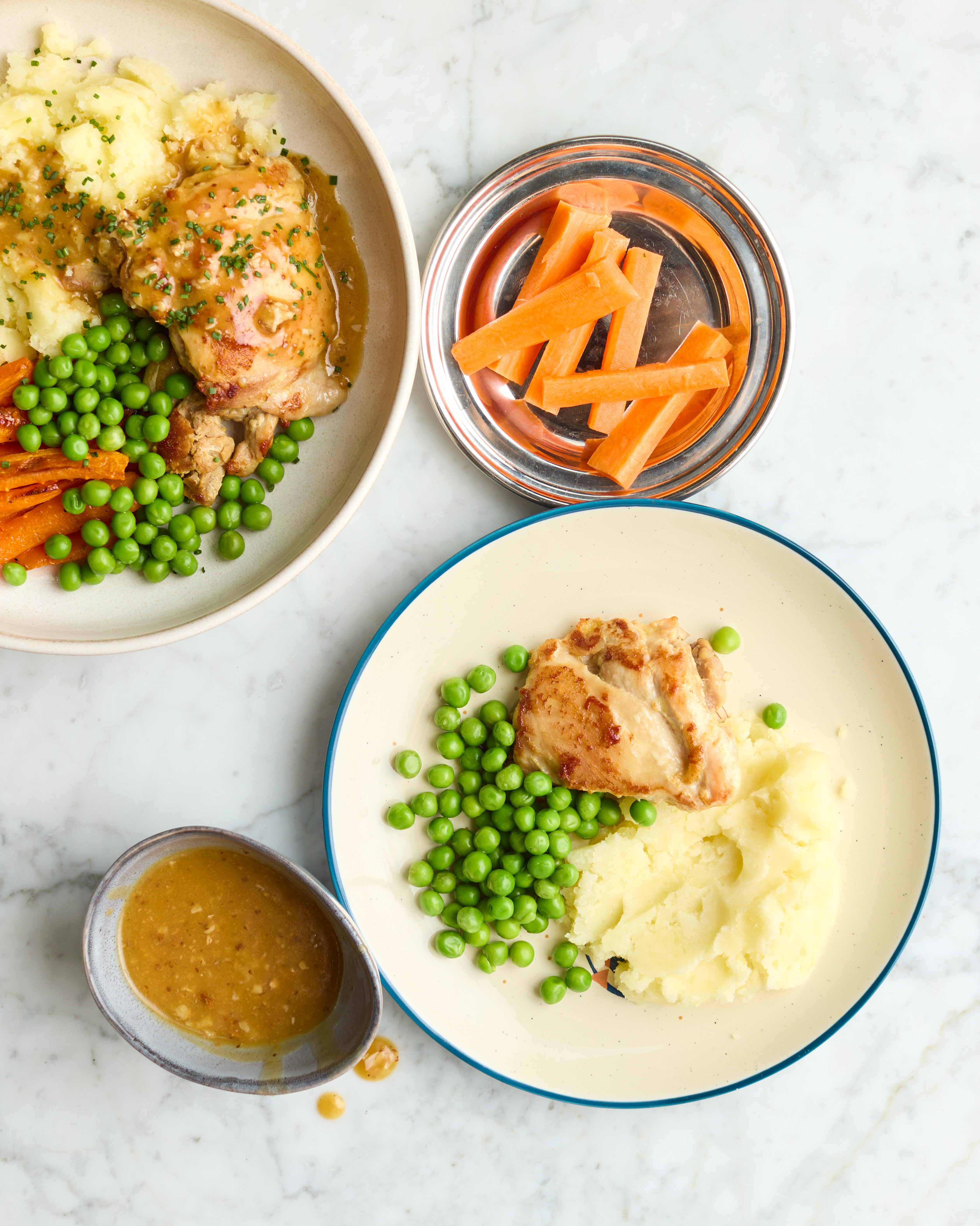 Maple & Mustard Chicken Thighs with Mash, Honey Glazed Carrots & Peas