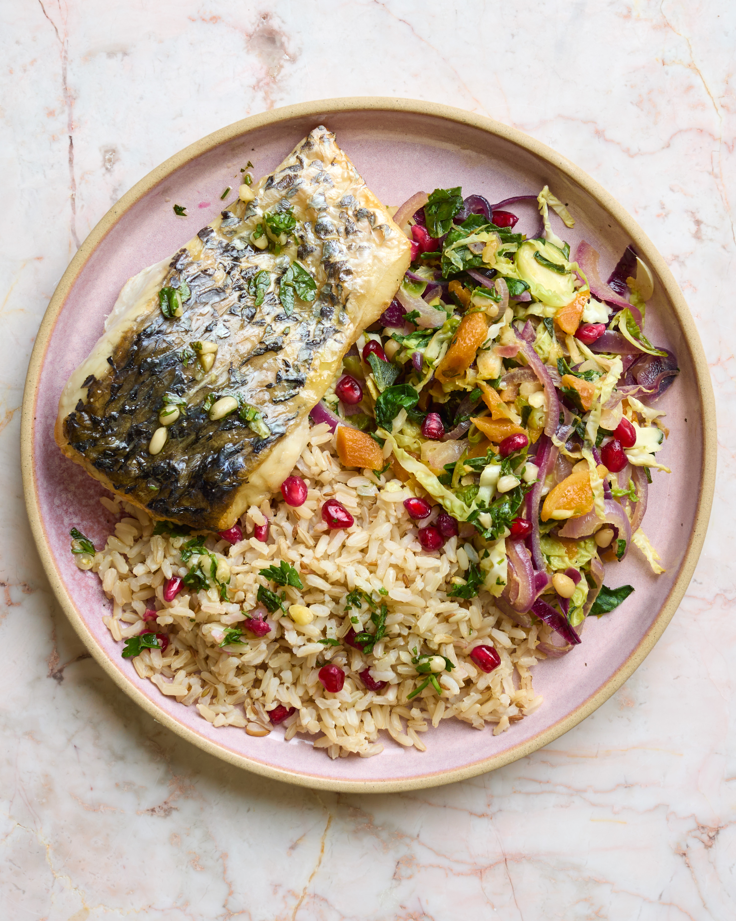 Roasted Barramundi with Rice & Sprout Fricasse