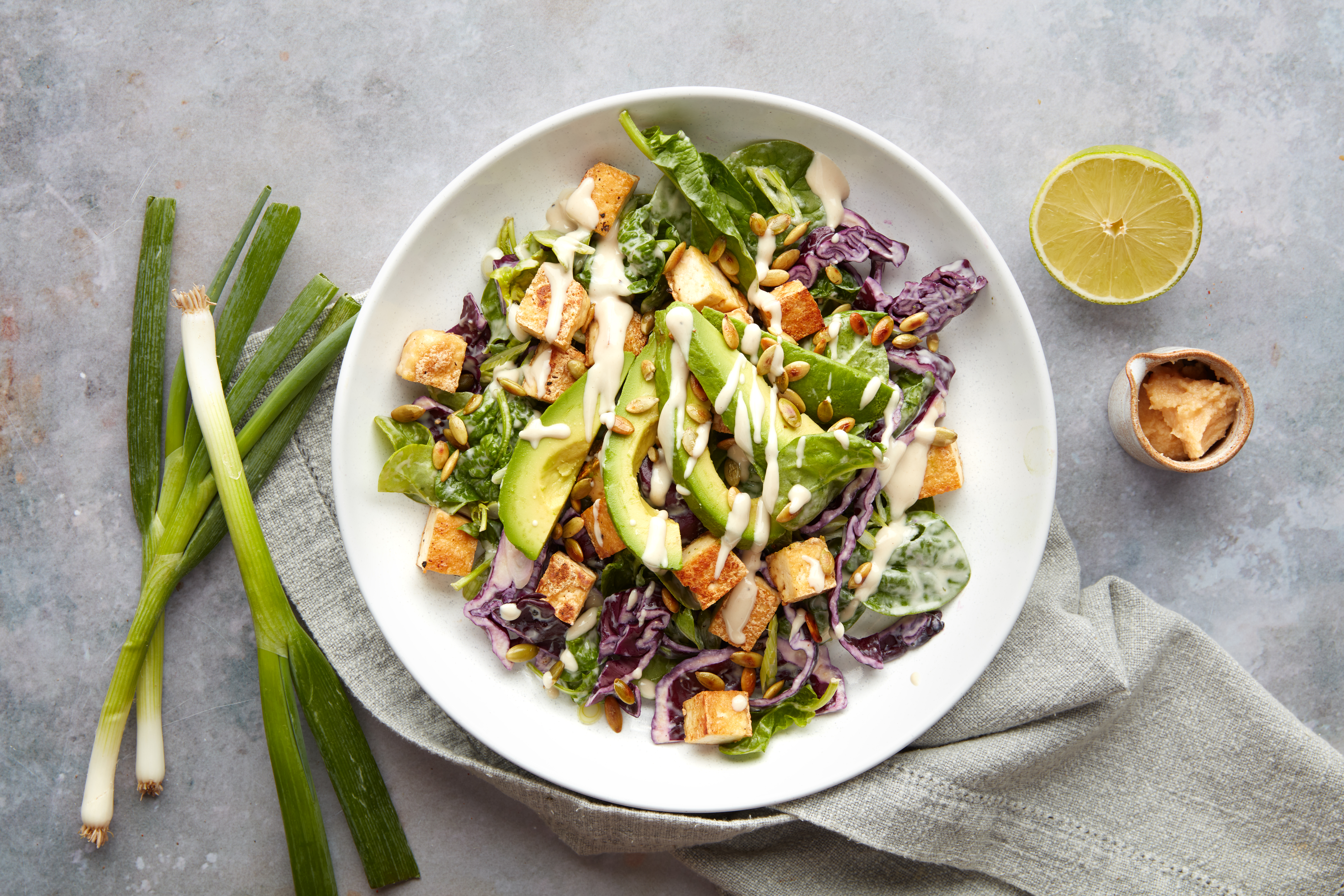 Crispy Tofu & Avocado Salad with Tahini Drizzle